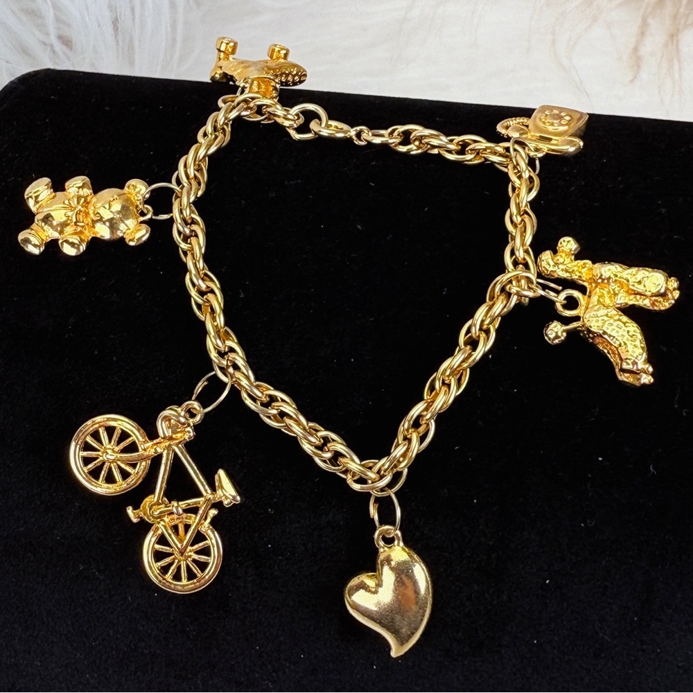 Vintage Goldtone Charm Bracelet with Bear, Bicycle, and Heart